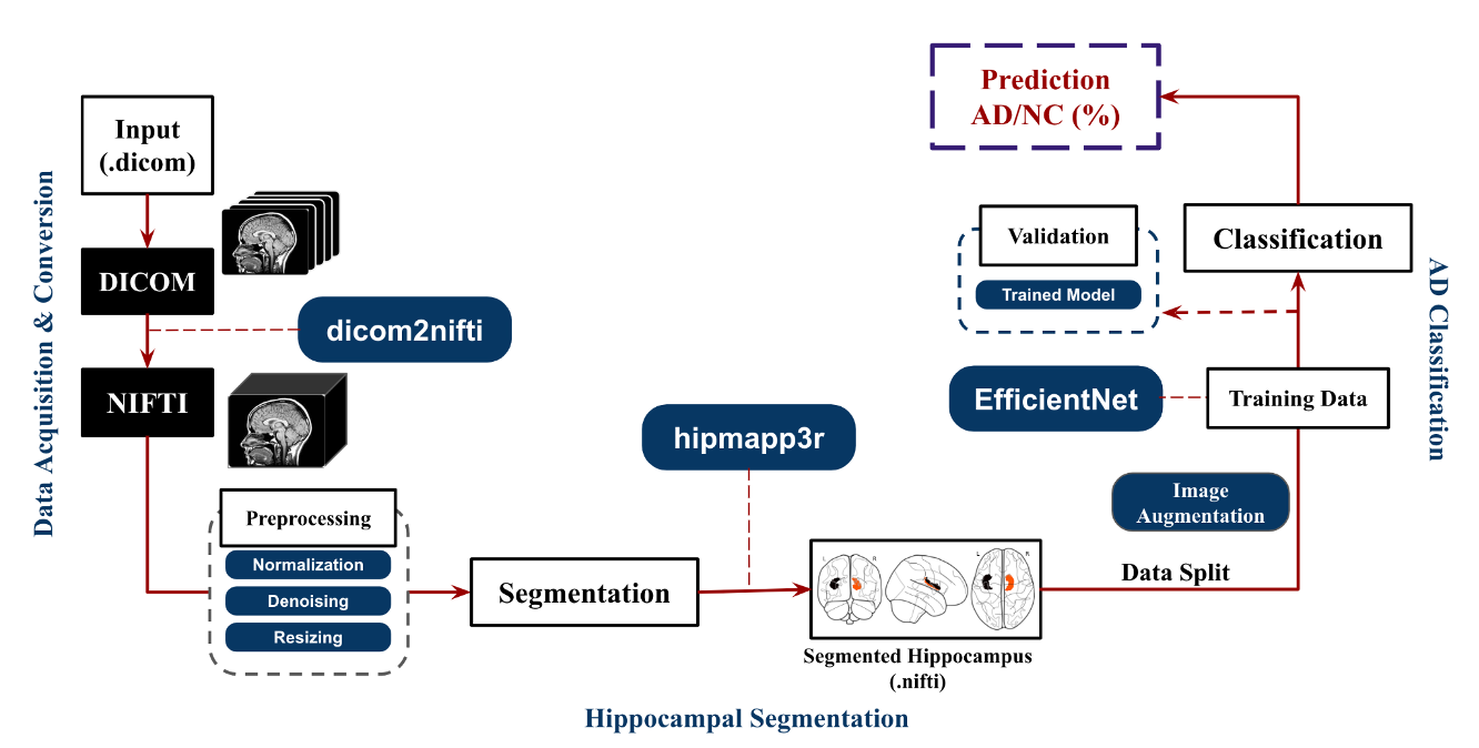 Pipeline diagram: DICOM-to-NIfTI conversion, preprocessing, hippocampus segmentation, and CNN-based Alzheimer's classification
