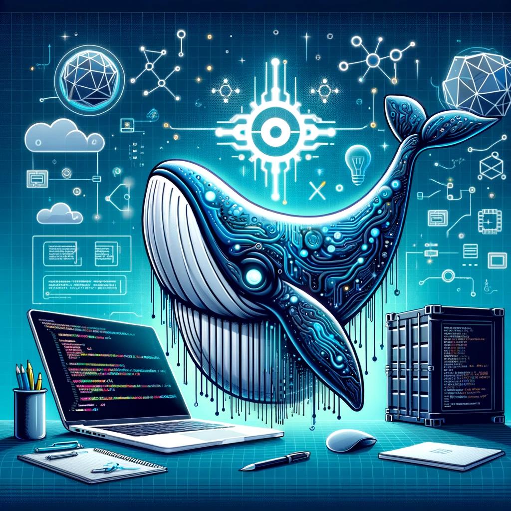 Illustration of the Docker whale over a laptop and shipping containers