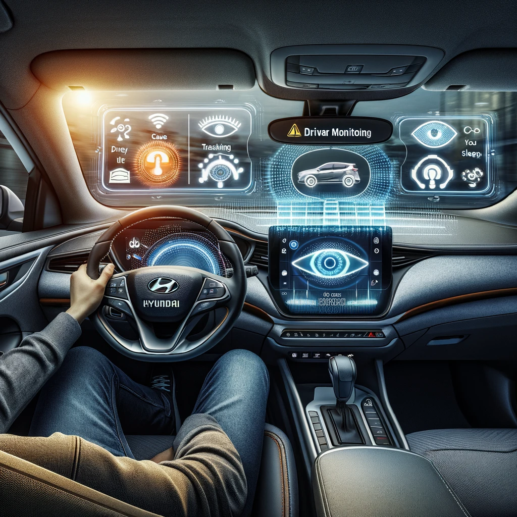 In-cabin driver monitoring concept: dashboard displays showing gaze tracking, drowsiness, and attention cues