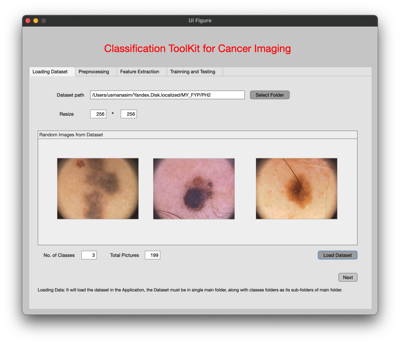 MATLAB GUI of the medical-imaging classification toolkit showing dataset loading and preview